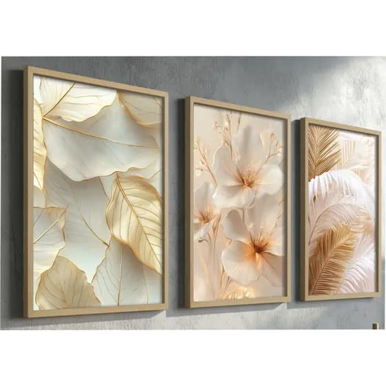 quadros decorativos para sala escritório cozinha grande folhagem dourada gold moldura