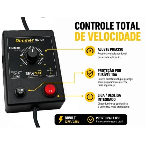 Dimmer Bivolt 1000W 10A com Tomada Controlador para Lixadeira Esmerilhadeira Furadeira 110V 220V