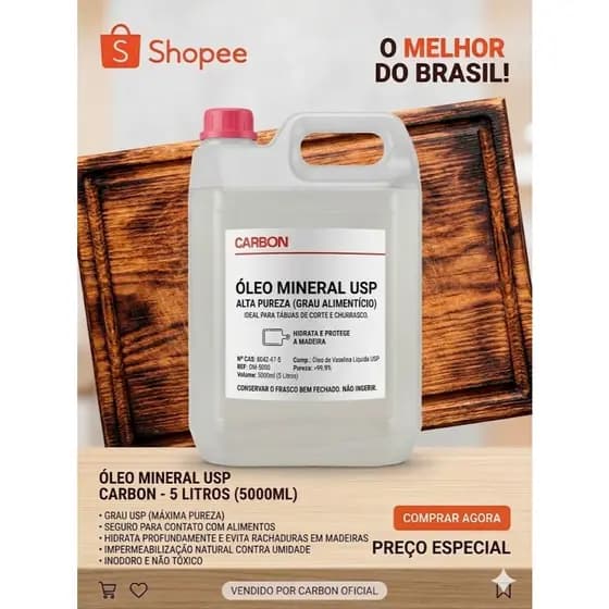 Oleo Mineral Grau Usp para Selar e hidratar Tabua De corte 5 Litros