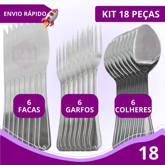 Kit 18 Peças Jogo de Talher Mesa Cozinha 6 Colher 6 Garfo 6 Faca de Inox Faqueiro Conjunto Restaurante Lanchonete Buffet