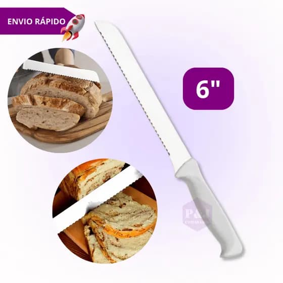 Faca para Pão Torta Bolo Aço Inox Serrilhada Precisa e Resistente para Cozinha Cabo Plástico Branco 6"