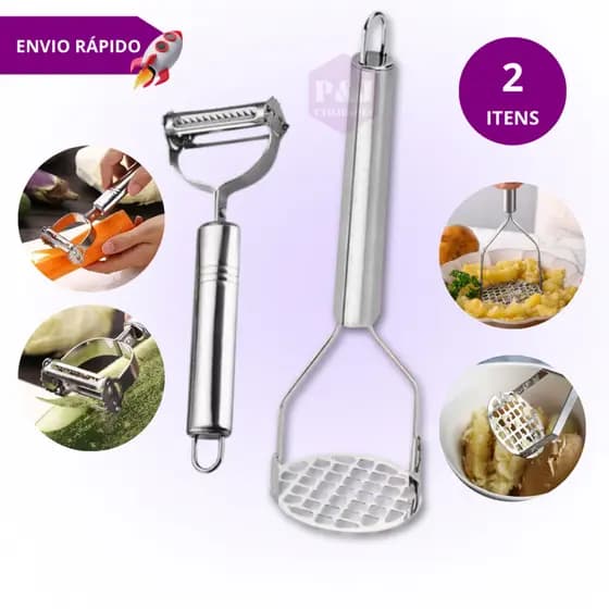 Kit 2 Peças Descascador de Legumes Frutas Verduras e Amassador de Batatas em Aço Inox Profissional