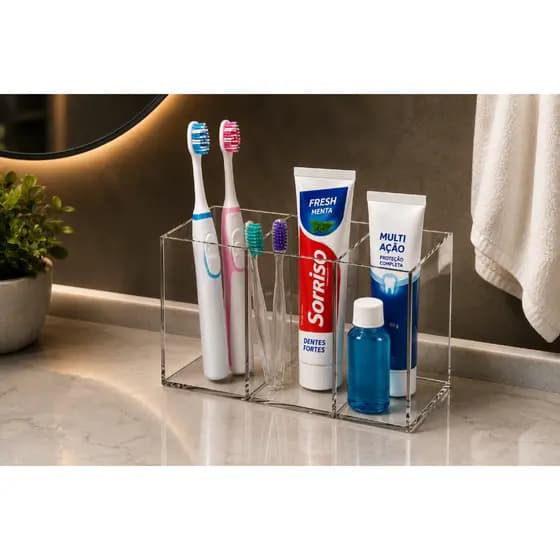 Porta Escovas de Dente Organizador Banheiro Moderno 3 Divisórias