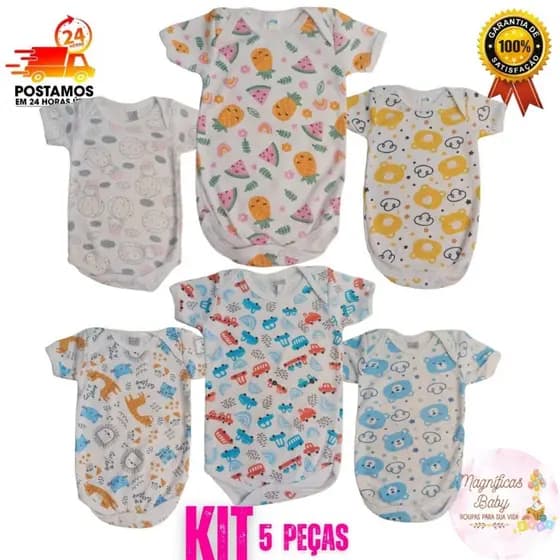 Kit 5 Body Manga Curta Estampado Body Bebê Manga Curta Estampada Kit Enxoval bebê Body Menino Menina