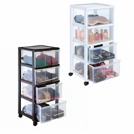 Gaveteiro Organizador C/ Rodinhas 3 e 4 Gavetas Resistente Preto/Branco, Multiuso
