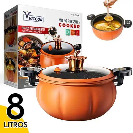 Panela de Micro Pressão Viccoli 8L Antiaderente Cozinha Indução e Gás Abóbora
