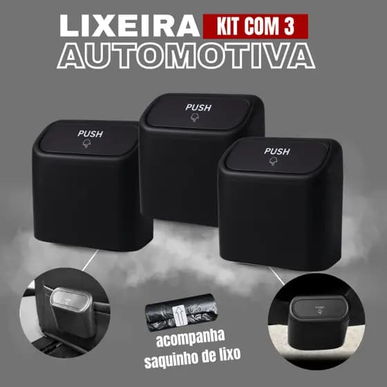 KIT 3 Lixeira para Carro Automotiva Discreta c/ Tampa Suspensa Resistente p/ Porta Banco Traseiro