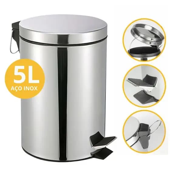 Lixeira Aço Inox 5 ou 12 litros C/ Pedal Cesto Interno Removivel Banheiro Cozinha Escritorio