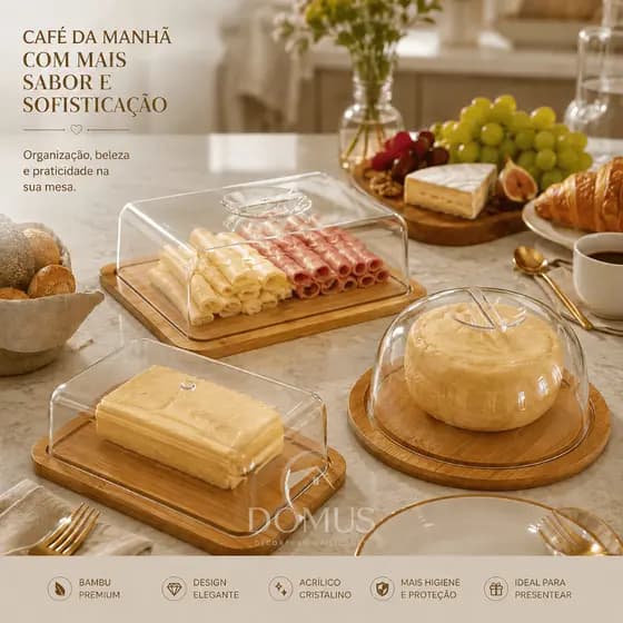 Porta Frios Bambu Tampa De Acrílicos Presunto Queijo Mesa Posta Manteigueira, Cozinha, Gourmet
