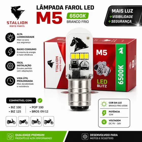 Lampada Farol Led M5 Biz 100 Biz 125 Pop Bros 09/12 6500k