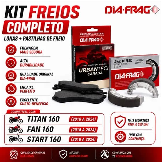 KIT DE FREIO PASTILHAS E LONAS TITAN 160 2018 ATE 2024 DIAFRAG ORIGINAL