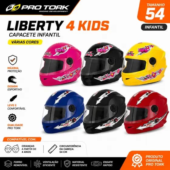 Capacete Moto Infantil Pro Tork Liberty 4 Kids Varias Cores Sólido Acetinado 54