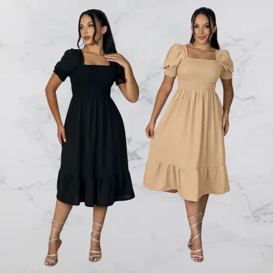 Kit 2 Vestido Moda Evangélica Manga Princesa Elegante Fresquinho Casual Gestante Midi Babado Lastéx