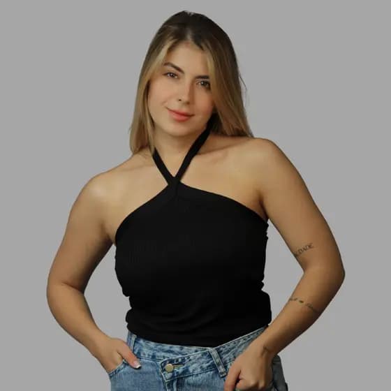 Blusa Regata Canelada Gola Traspassada Tendência Elegante Promoção