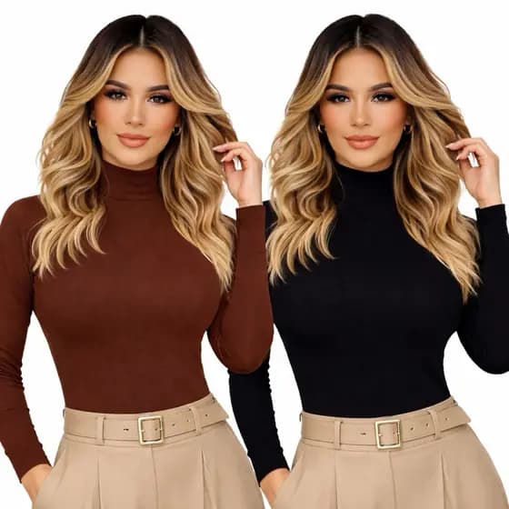 Kit 2 Blusas Femenina Manga Longa Gola Alta Inverno Promoção
