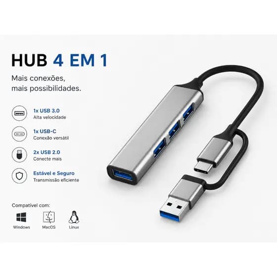 Hub Portátil USB-C 4 Portas USB 3.0 Adaptador Ultra Rápido 5Gbps Notebook, MacBook, Celular e Tablet