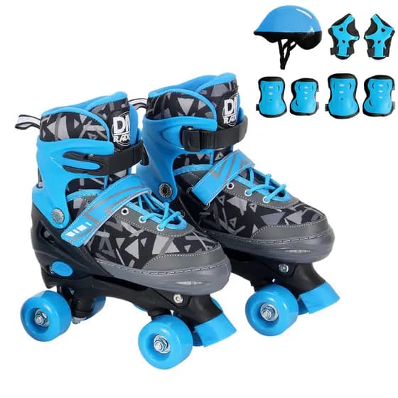 Patins 4 Rodas Masculino Azul e Preto Ajustável Com Kit Proteção Azul e Com Cadarço