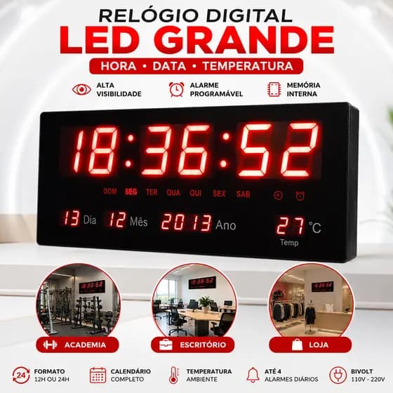 Relógio de Parede Digital LED Vermelho Grande com Alarme Calendário Hora e Temperatura