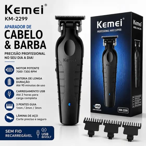 Aparador de Cabelo e Barba Kemei KM-2299 Profissional Sem Fio Recarregável USB Bivolt