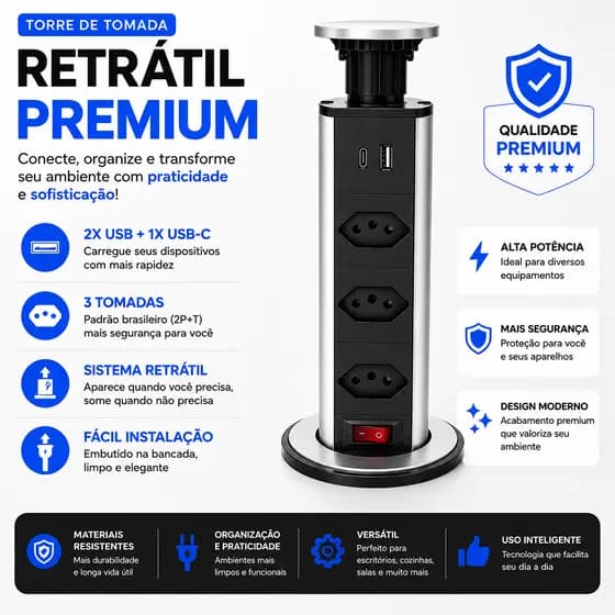 Torre de Tomadas Embutir Retrátil Multiplug com USB e USB-C 3 Tomadas para Mesa Bancada Escritório