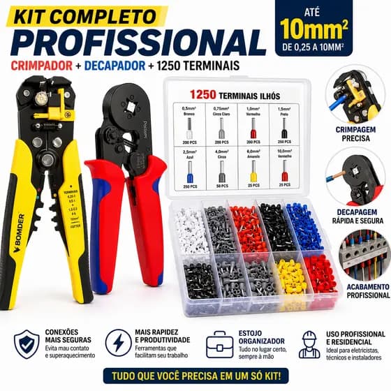 Kit Alicate Crimpador Terminal Ilhós 0,25-10mm² + Decapador Automático de Fios + 1250 Terminais Organizados Com Caixa