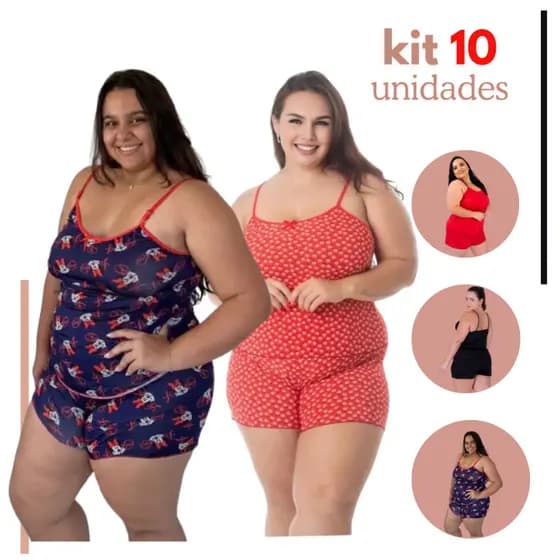 Kit com 10 Baby Doll Plus Size ESTAMPADO com Alça Reguladora Conjunto Feminino Pijama Estampado Fresquinho