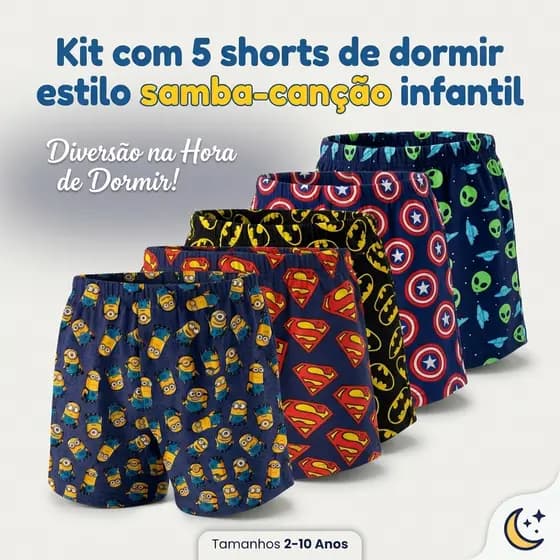 Kit 5 Shorts Infantil Masculino Microfibra Estampado Samba Canção Leve Confortável Menino