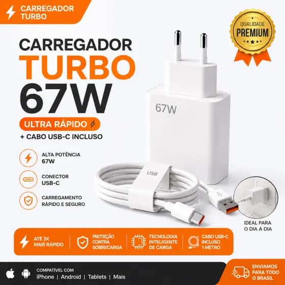 Kit Carregador 67W Turbo + Cabo Tipo-C Carga Rápida Universal Xiaomi Redmi Note E Poco X7 Android