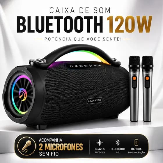 Boombox Caixa de Som Bluetooth 120W Profissional com 2 Microfones Sem Fio RGB Resistente IPX6 BT 5.3