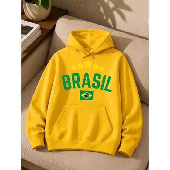 Blusa Moletom Canguru com Capuz Estampado Brasil Seleção Copa Time Verde Amarelo Várias Cores