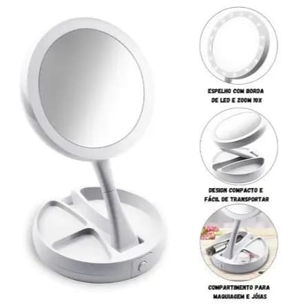 Espelho com Led De Mesa Dobrável Para Com Aumento 10x Led luzMaquiagem Pronta Entrega