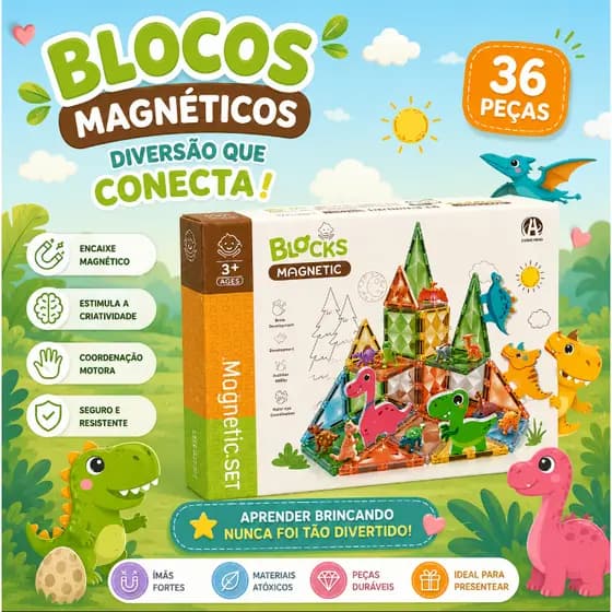 Blocos Magnéticos Dinossauro 36 Peças Educativo Infantil Montar Construir Kids