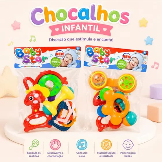 Kit Chocalhos Infantil para Bebê Brinquedo Sensorial Colorido com Som Educativo 2 Modelos