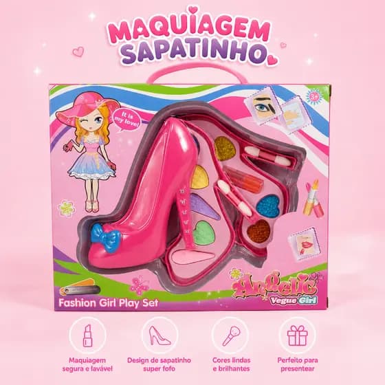 Kit Maquiagem Infantil em Formato de Sapatinho 13 cm Brinquedo de Beleza Lavável com Acessórios