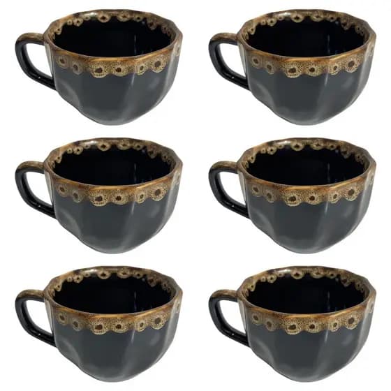 Kit 6 Xícaras Café 200ml Porcelana Preta Decorada Canecas Decorativas Para Cozinha
