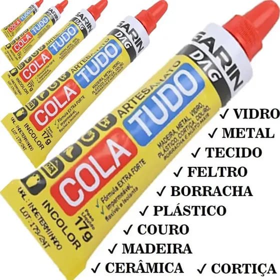 kits até 5 COLA TUDO Artesanato Incolor Garin - Madeiras, Fórmicas, Couros, Borrachas, Cerâmicas, Vidros, Gesso, Acríl