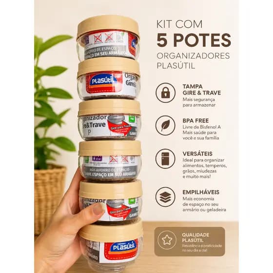 Porta Tempero Empilhável Kit 6 Potes 155ml Organizador de Condimentos Gire e Trave C/Tampa Bege
