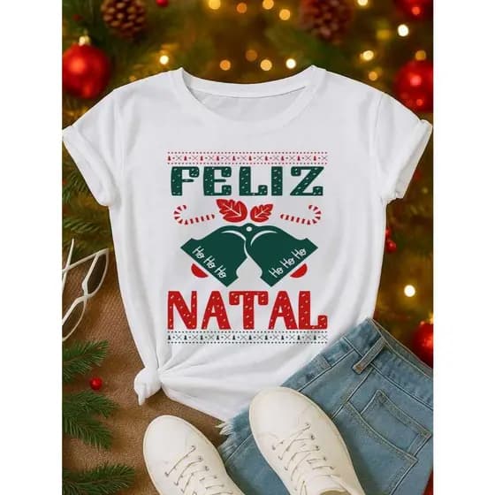 T-Shirt Feminina 100% Algodão Feliz Natal Básica Blogueirinha Camiseta Sinos Ho Ho Ho Manga Curta