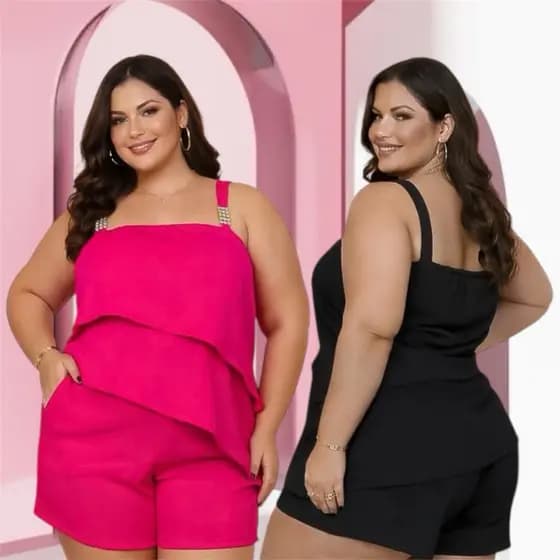 Conjunto Feminino Plus Size Blusa e Short Camadas Assimétricas Conjuntinho 46Ao50