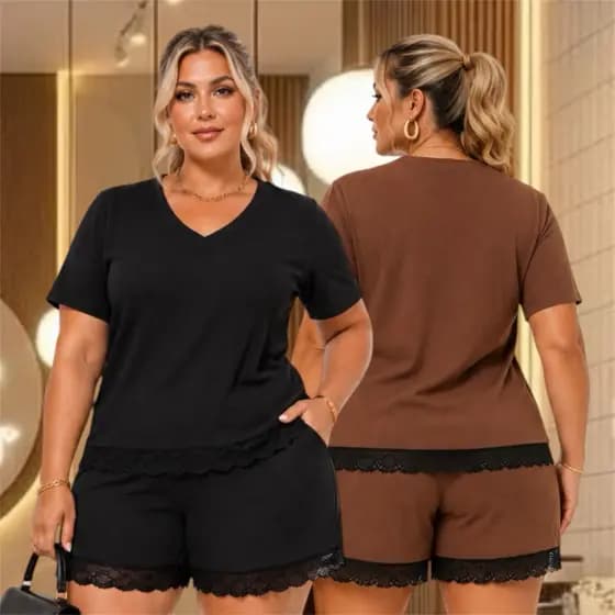 Conjunto Plus Size Feminino Short e Blusa Detalhes em Renda Tam único 46ao50