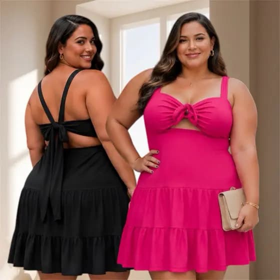 Vestido Plus Size Curto Alça Larga e Costa Ajustável Saia Três Marias Veste 46 ao 50