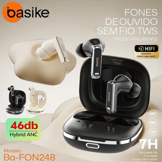 BASIKE ANC-46dB Fones De Ouvido Sem Fio ENC Cancelamento De Ruído 35h-Bateria IPX4 à prova d'água 4-Mic Bluetooth5.4