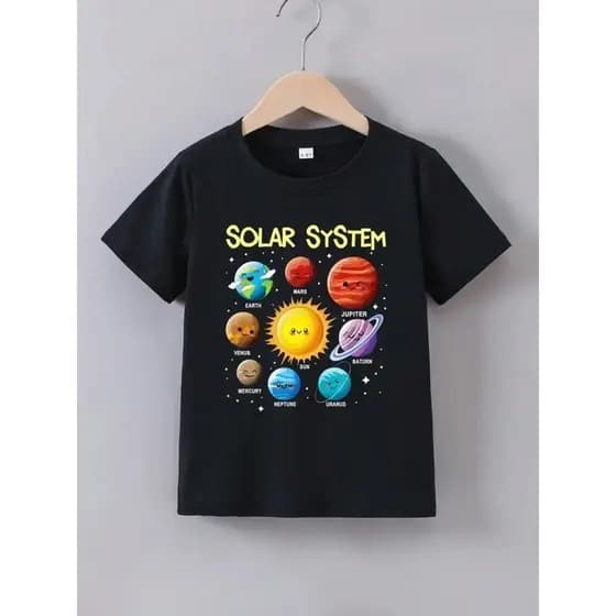 Camiseta Para Meninos De Manga Curta Básica Infantil Casual Estampa Sistema Solar Espaço