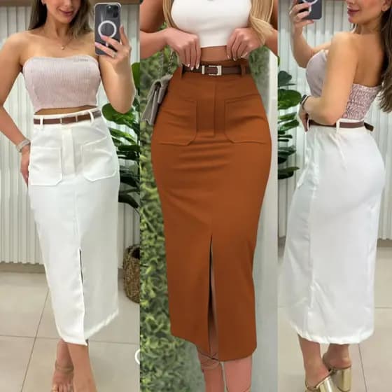 Saia Midi Alfaiataria Com Bolso Frontal Moda evangélica Estilosa festa Pronta Entrega