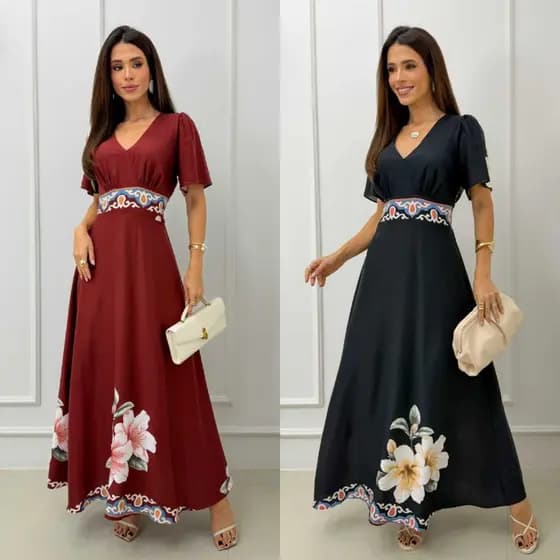 Vestido Longo Estampado Manga Curta Elegante Casual Tecido Leve