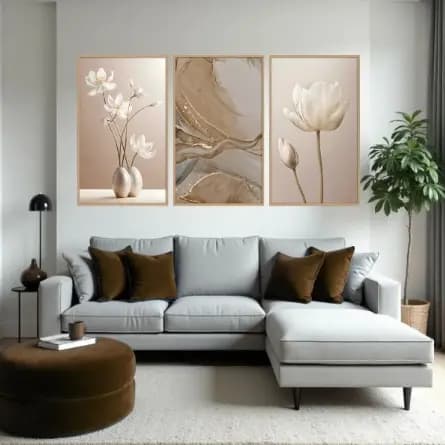 Kit 3 Quadro Decorativo Flores Abstrato Linha Gold Luxo 50x30 Mosaico Sala Quarto cozinha Escritório