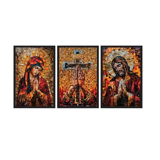 Quadro Decorativo Religioso Maria Jesus Cristo Cruz Inri 3pç