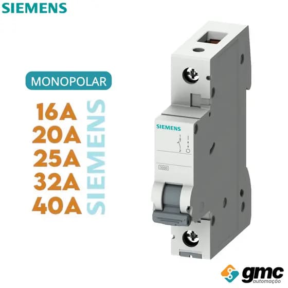 Disjuntor Monopolar Din Curva C 5SL1 16A, 20A, 25A, 32A, 40A - Siemens