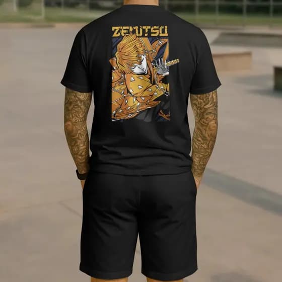 Kit Camiseta + Bermuda Zenitsu Demon Slayer Conjunto Masculino Streetwear Anime Estampado Algodão Premium