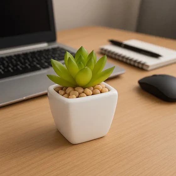 Vaso Decorativo com Suculenta Artificial Verde em Cerâmica Branca para Escritório Sala e Banheiro